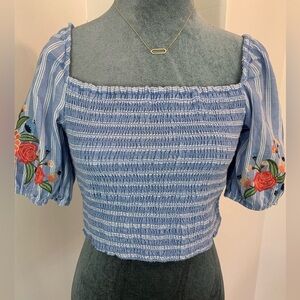 Embroidered Floral Summer Square Neck Striped Top  Size Medium